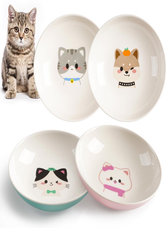 Kitwinney Cat Bowls, Ceramic Cat Food Bowl Set with White Silicone Ring for Non Slip, Cute Cats Dishes or Plates for Feeding Indoor Cats, Kitten, Small Dogs (Multicolored 4 Pack-Cute Pet, 5.5 Inches) - Image 1